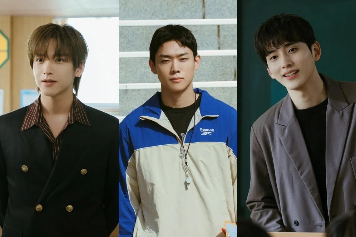 金宰铉（左起）、孙政赫和金东圭在《浪漫的绝对值》扮演不同科系的老师。（Prime Video提供）