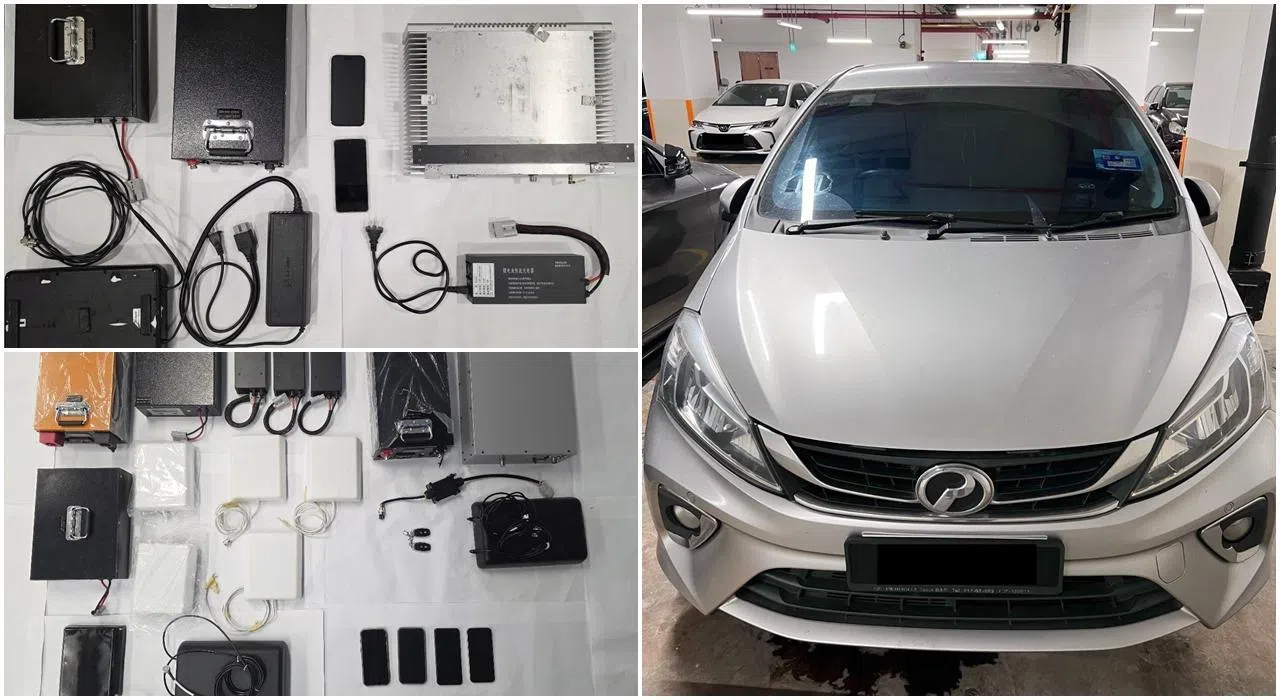 行动中，警方起获多台网络通信设备、手机，以及一辆马来西亚注册的汽车。（新加坡警察部队提供）