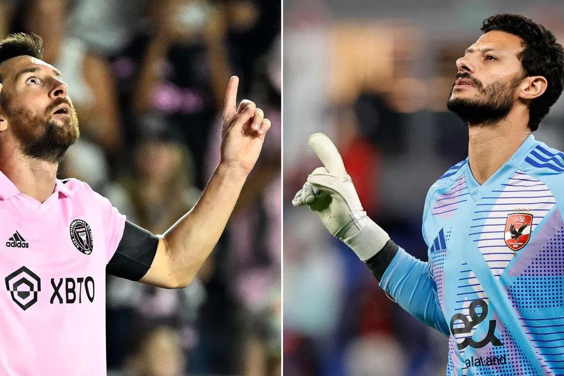 迈阿密国际球星梅西（左）将放眼在世俱杯揭幕战中，攻破阿赫利门将艾尔希纳维（右）的龙门。（法新社）