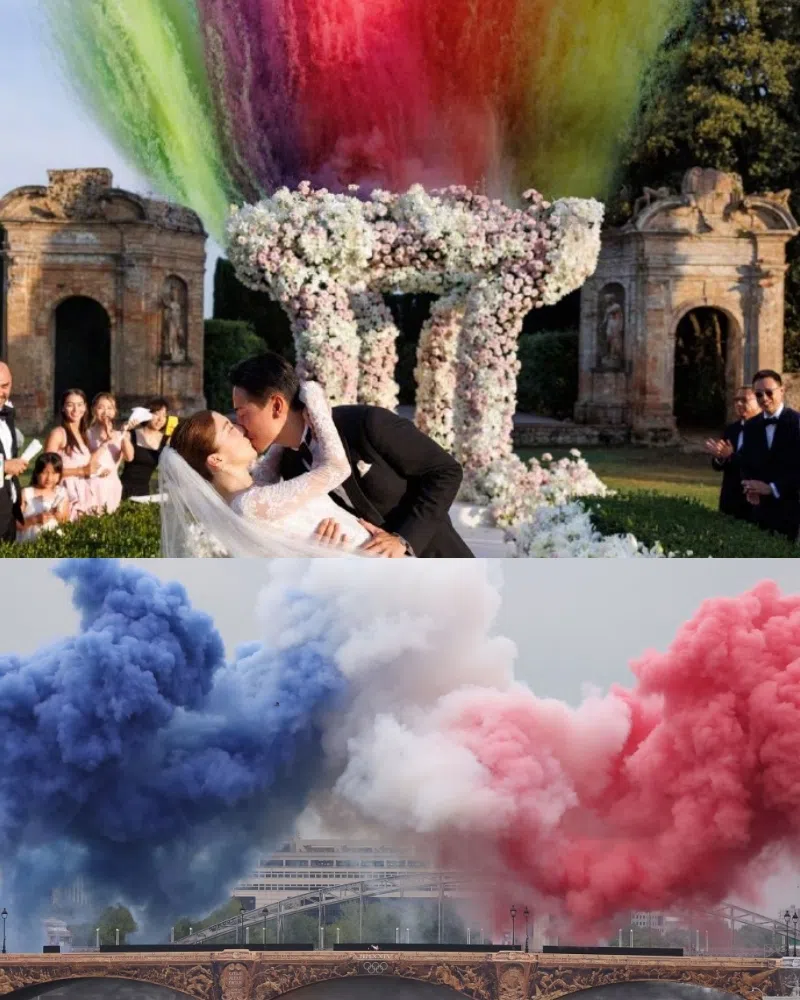 吴千语和施伯雄拥吻时，现场喷出五色彩烟（上图），让人联想到巴黎奥运会开幕式的一幕（下图）。（取自吴千语微博、Paris 2024 IG）