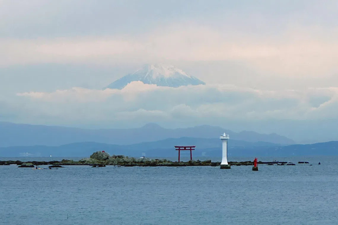 从真名濑海岸望向森戶神社，可看到富士山、鸟居和裕次郎灯塔。（陈芷馨摄）