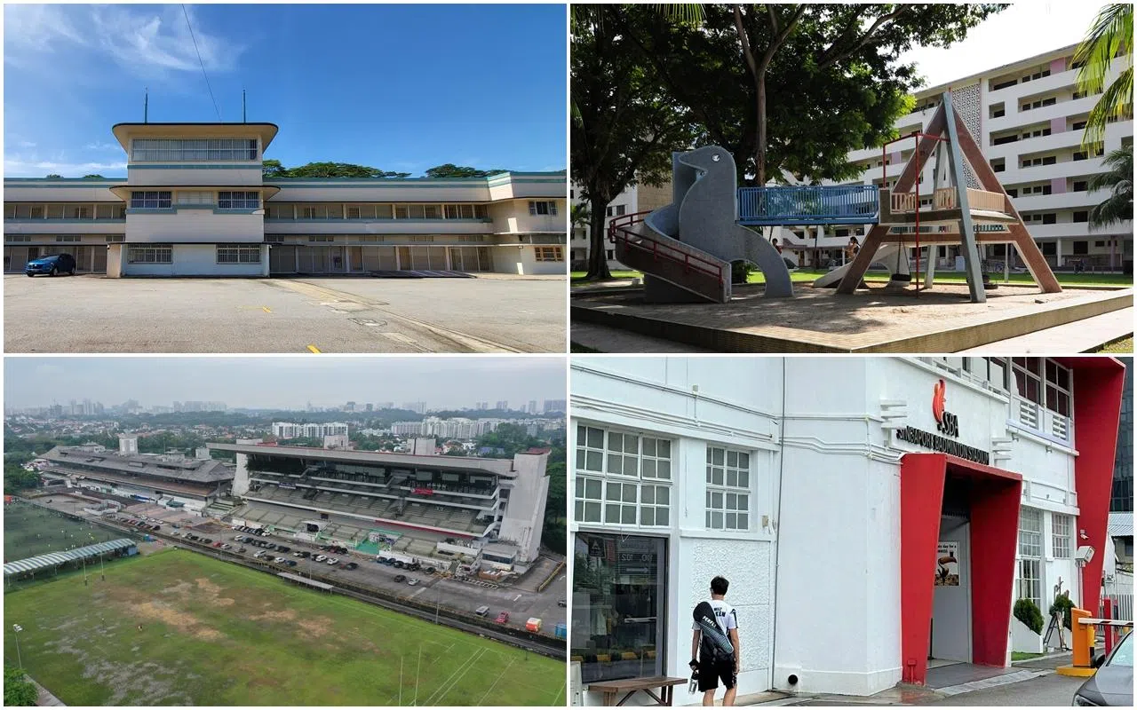 国家发展部长李智陞宣布，市区重建局将提议保留五处重要建筑，包括前马来亚皇家海军基地行政楼（左上，顺时针）、达哥打弯旧组屋、新加坡羽毛球馆，以及武吉知马马城南北两座看台。（市区重建局提供）