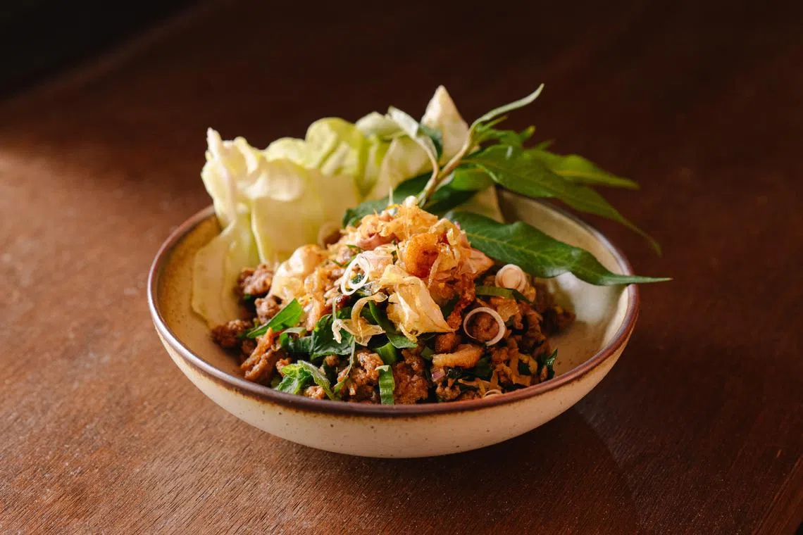 辣鸭肉丝Northern Duck Laab是泰北传统佳肴代表。（餐馆提供）