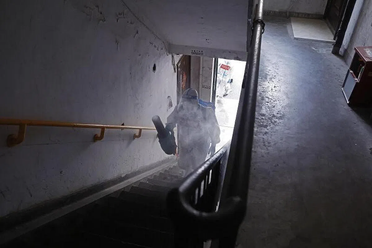 防疫人员5月1日在上海市宝山区呼玛三村对各个楼栋进行消杀作业。（中新社）