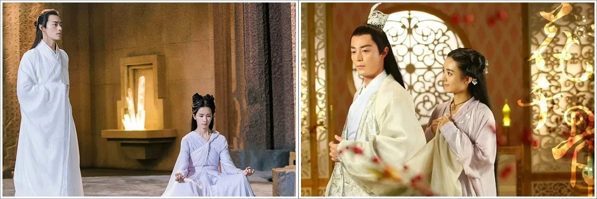 不少网民认为，陈都灵（左图右）与李程彬在电影版《花千骨》少了CP感，未能超越剧版霍建华（右图左）与赵丽颖的经典CP。（取自影剧微博）