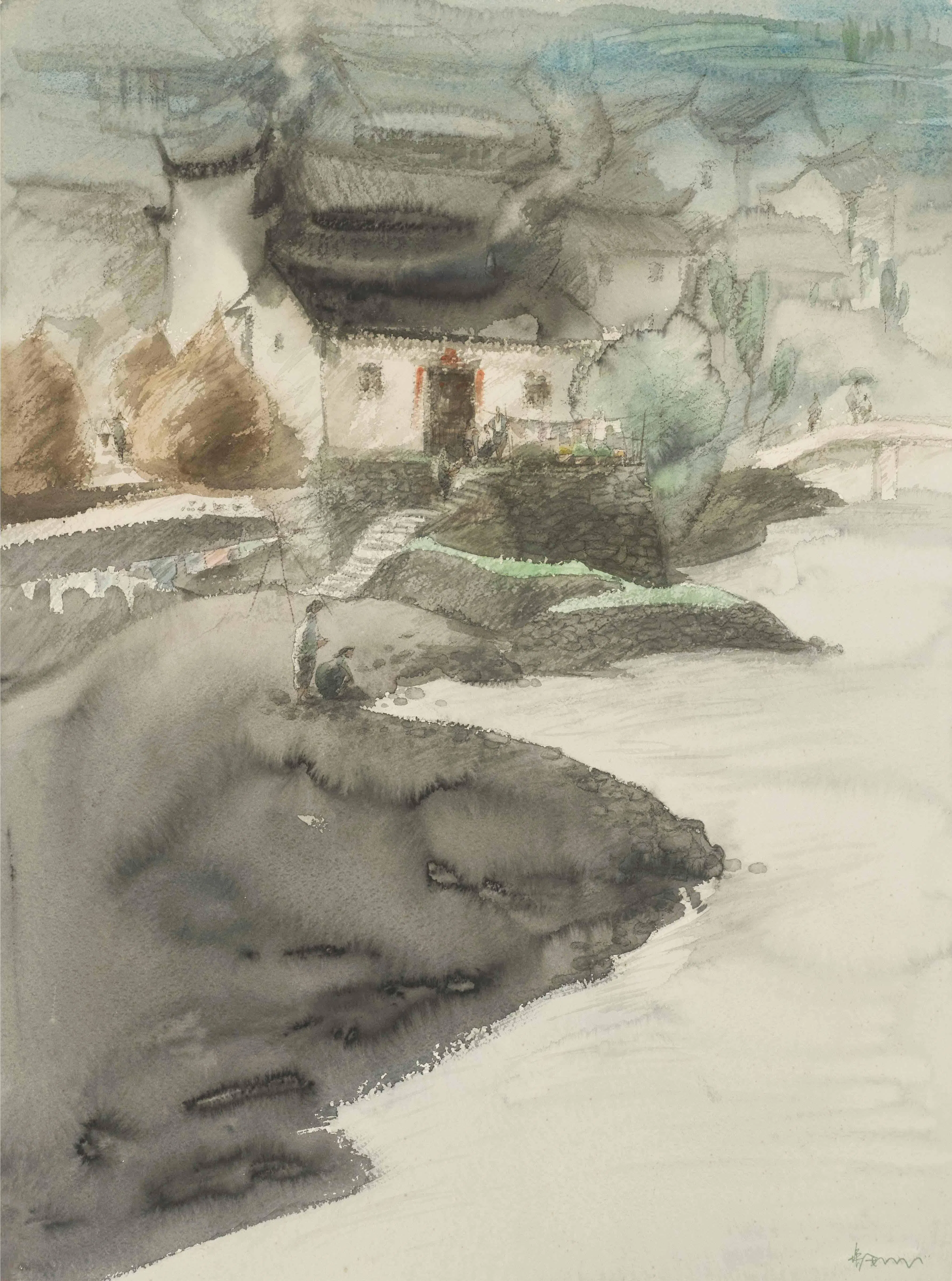 刘培和水彩画《安徽古村》（1990）。（受访者提供）