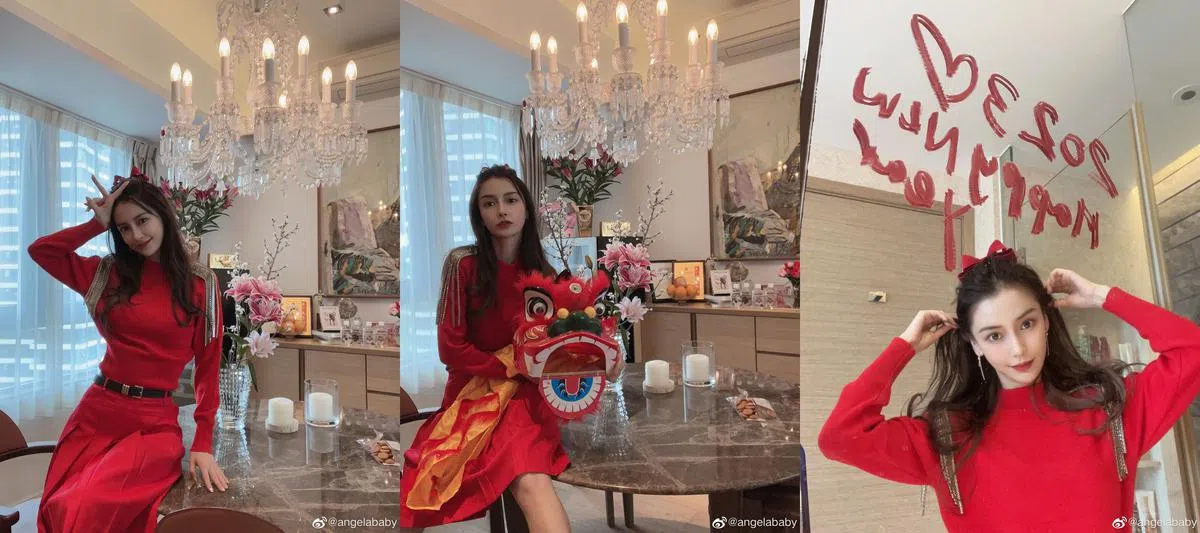 Angelababy的拜年照曝光了她香港豪宅内的装潢。（取自艺人微博）