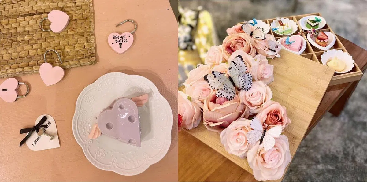 受欢迎的心形芝士蛋糕（左）、9宫格盲盒甜点（右）。（取自brownbutter.sg Instagram）