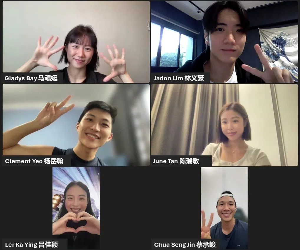 12名“才华”新秀接受媒体视讯访问，图为马䲰娗（左上角起顺时针）、林义豪、陈瑞敏、蔡承峻、吕佳颖和杨岳翰。（新传媒提供）