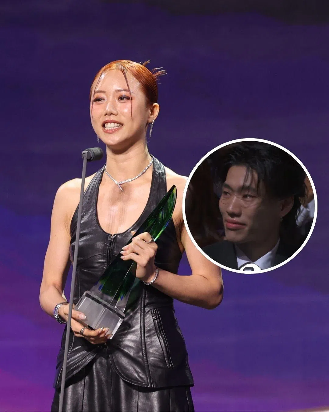 马䲰娗获奖时，老公沈少丰在台下被捕捉到热泪盈眶的画面。（新传媒提供、截自Entertainment - Mediacorp YouTube频道）