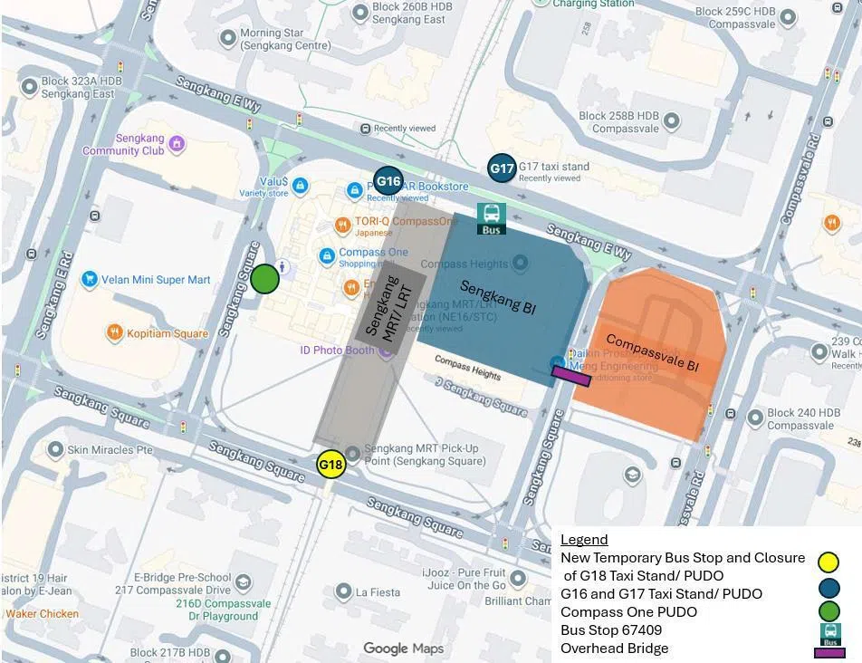 盛港巴士转换站和康埔桦巴士转换站相隔五分钟的步行距离。（陆路交通管理局提供）