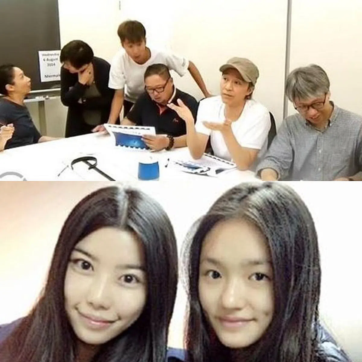 何灏浩（下图左）被周星驰（上图右二）选中，在电影《美人鱼》里担任女主角林允（下图右）的替身。（互联网）