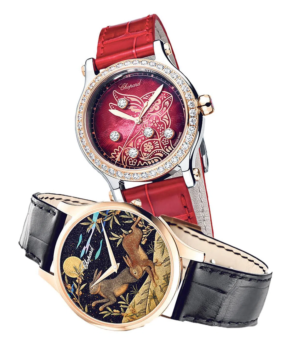 萧邦今年推出两款兔年腕表：Happy Sport兔年腕表（上）和L.U.C XP Urushi Year of the Rabbit兔年莳绘腕表。（品牌提供照片）