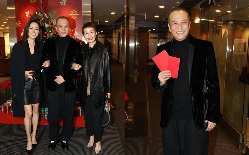 宣萱（左图左起）、欧阳震华和江美仪结伴出席婚宴，宣萱和欧阳震华合照后，惊觉把红包漏在车上。欧阳震华急忙去取红包（右图）。（互联网）