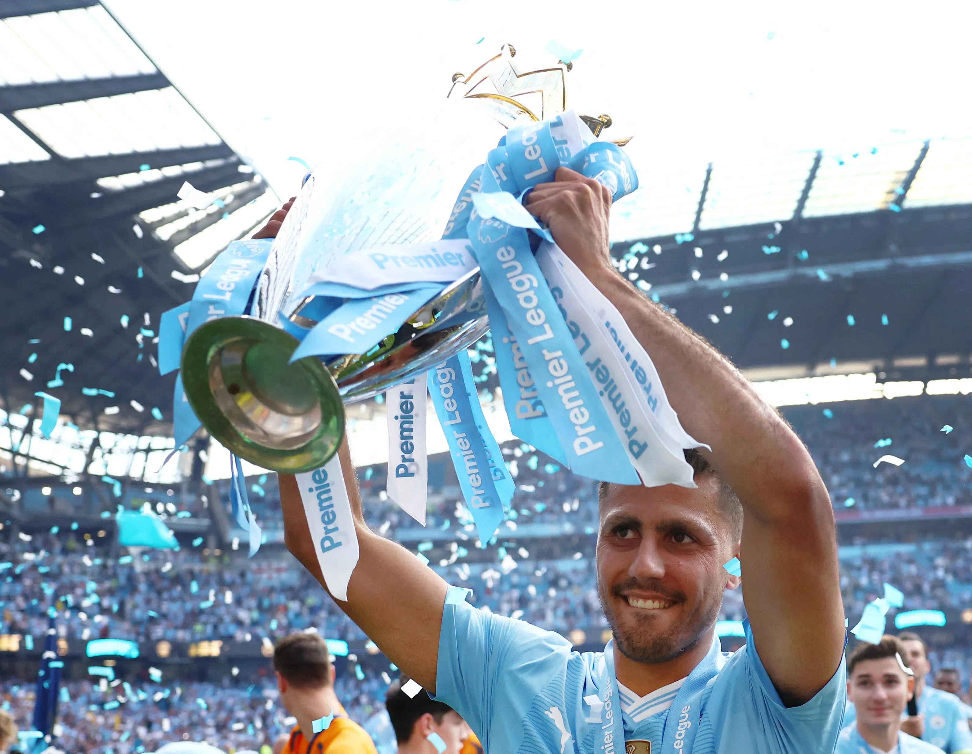 曼市中场大将罗德里今夏为西班牙夺得欧锦赛冠军，是较迟归队的球员之一。（路透社）