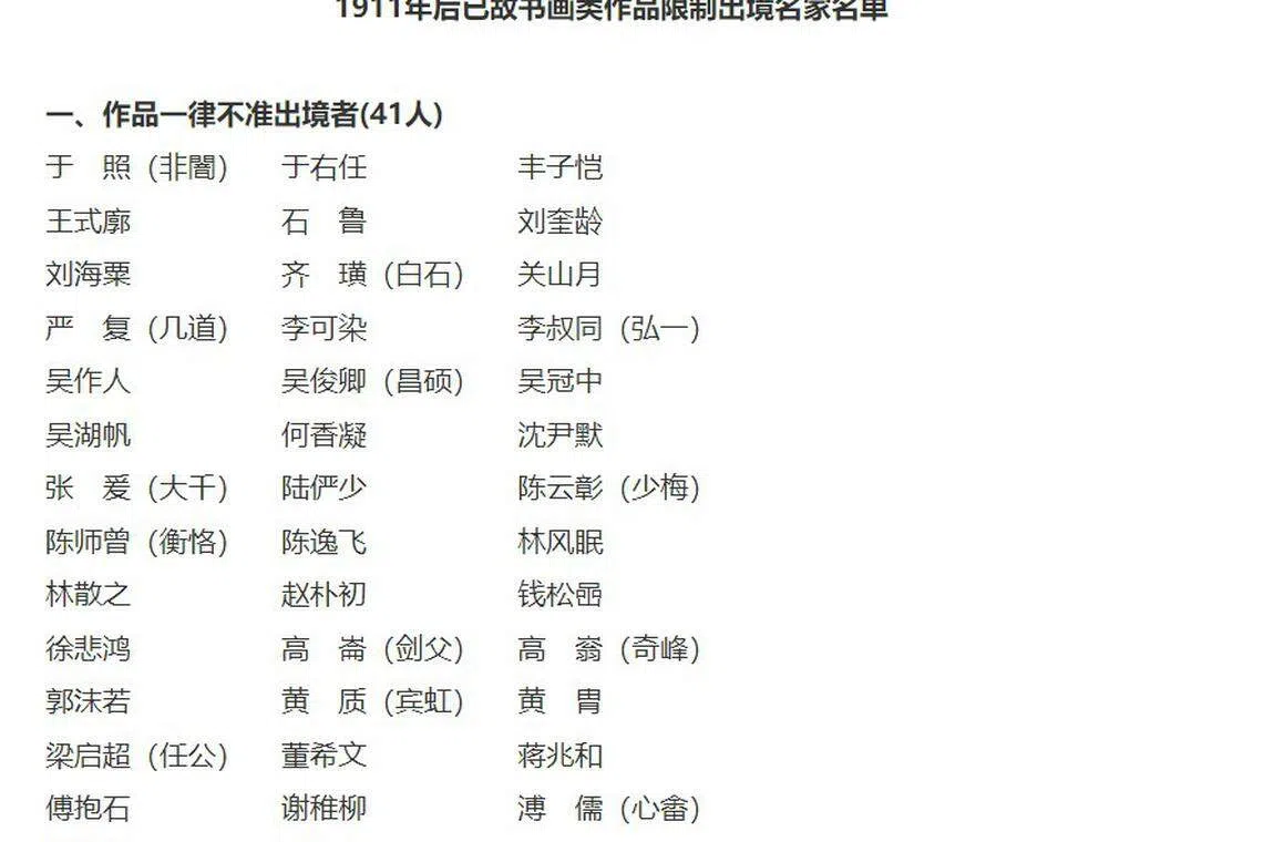 中国国家文物局最新公布的“1911年后已故书画类作品限制出境名家名单”中，作品一律不准出境者有41人。（中国国家文物局官网截取）