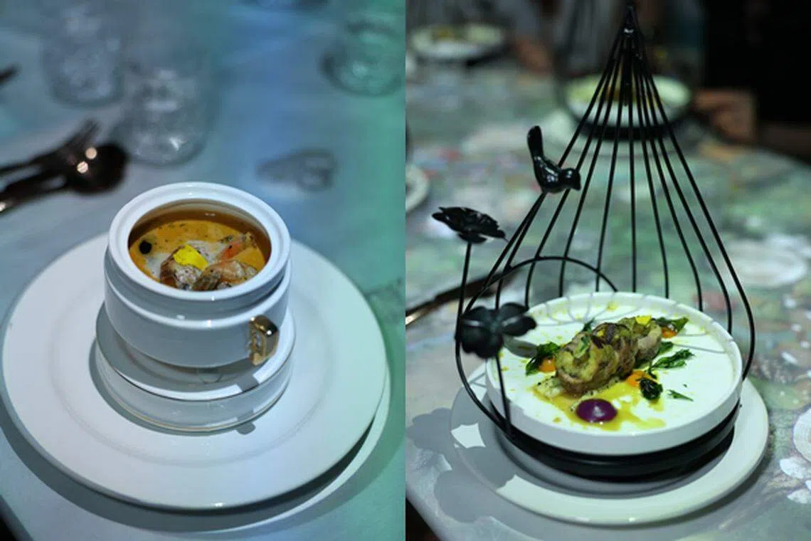 体验式餐饮“小厨师奇遇记”重回新加坡，Restaurant Espoir的菜肴结合亚洲元素如叻沙海鲜浓汤（左）和香茅法式鸡肉卷。（餐馆提供）