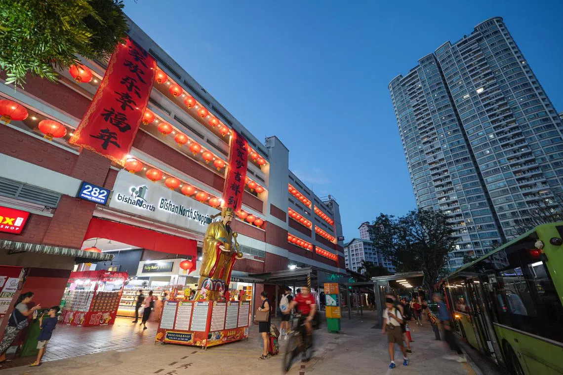 碧山北购物中心高挂大红灯笼，映衬着一副巨型对联——“金蛇贺岁吉祥到，阖家欢乐幸福年”。居民一下巴士，浓浓的年味迎面而来，金财神更添一份新春的好兆头。（李冠卫摄）
