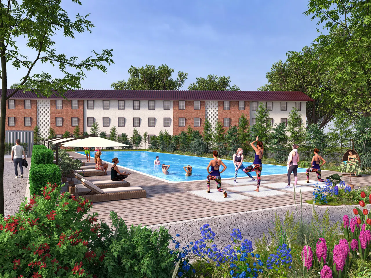 根据业者的构想图，爱文士路26号的共住空间项目将增添一个25米长的游泳池。（受访者提供）