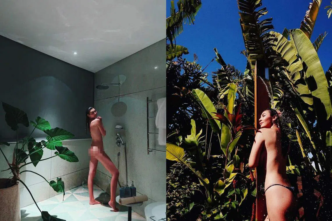 王丽嘉曾在社媒贴出全裸淋浴照。（王丽嘉IG）