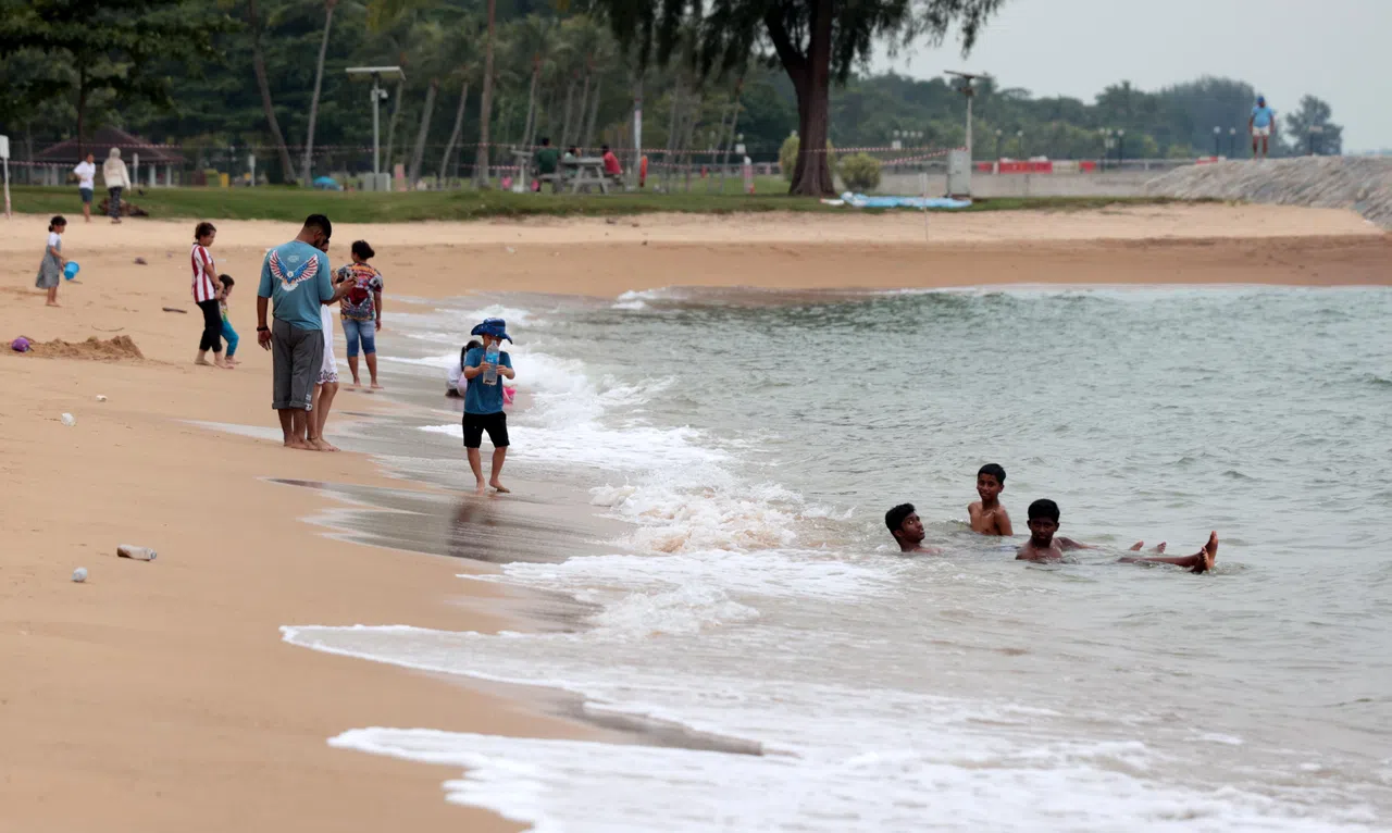 《联合早报》记者星期六下午走访东海岸公园时发现，尽管沙滩周围都围了警戒线，但仍有不少公众在玩水、玩泥沙，甚至下海游泳。（梁麒麟摄）
