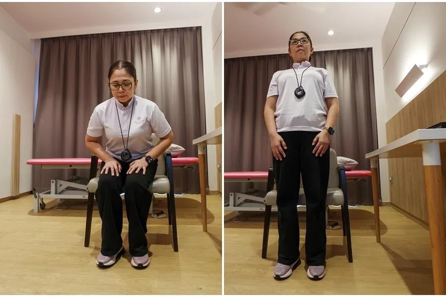 身体微微向前倾（左图），用双脚发力慢慢站起（右图）。（游甯稀摄）