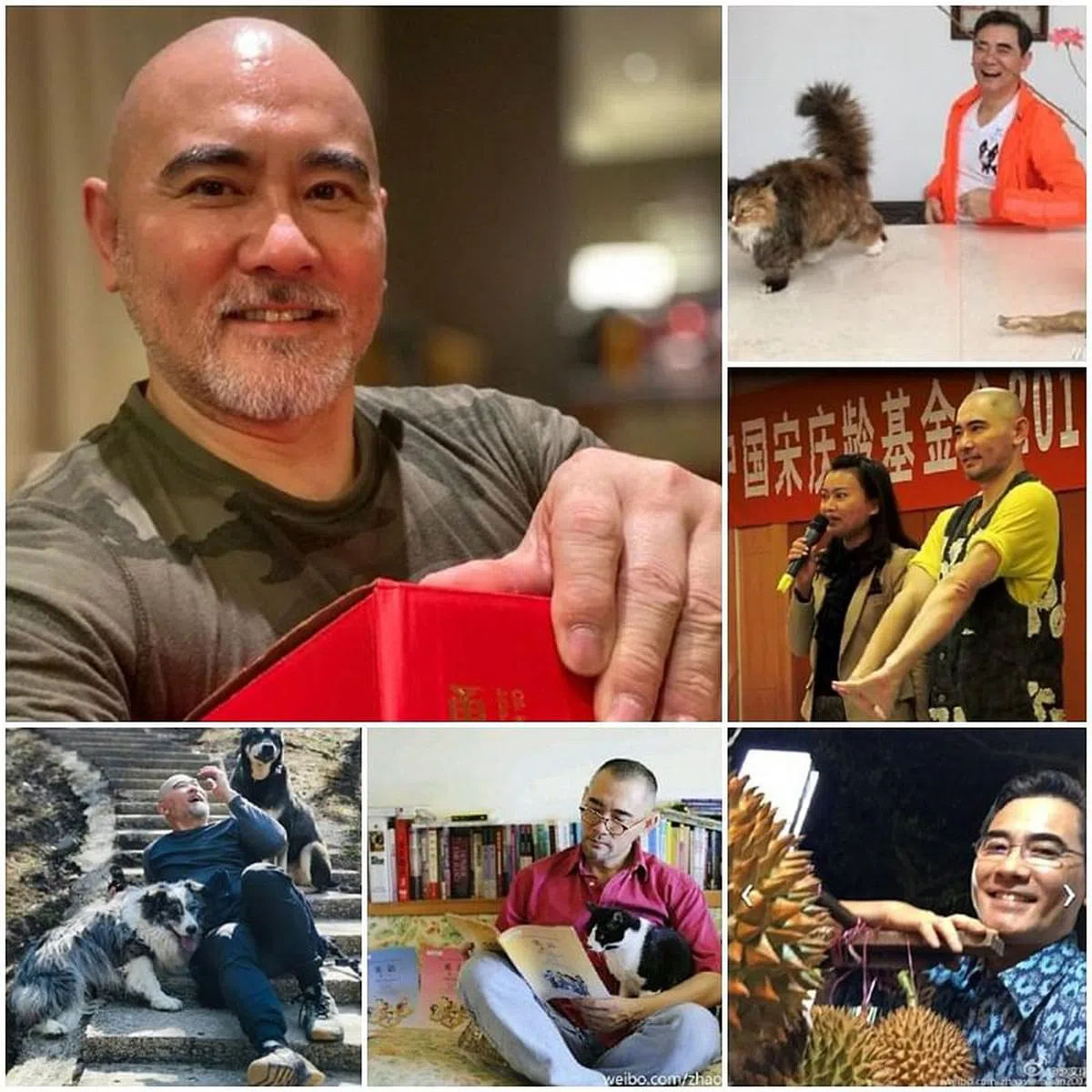 赵文瑄的光头白须照吓到一些粉丝（左上图）。他其他近期分享的照片，时有头发，时没头发，让人搞不清楚时间点。（微博）