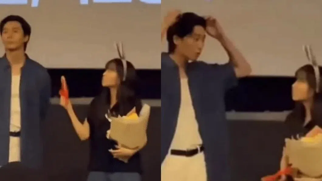 朴宝英（两图右）递上发箍给朴叙俊，但朴叙俊却拒绝戴上惹议。