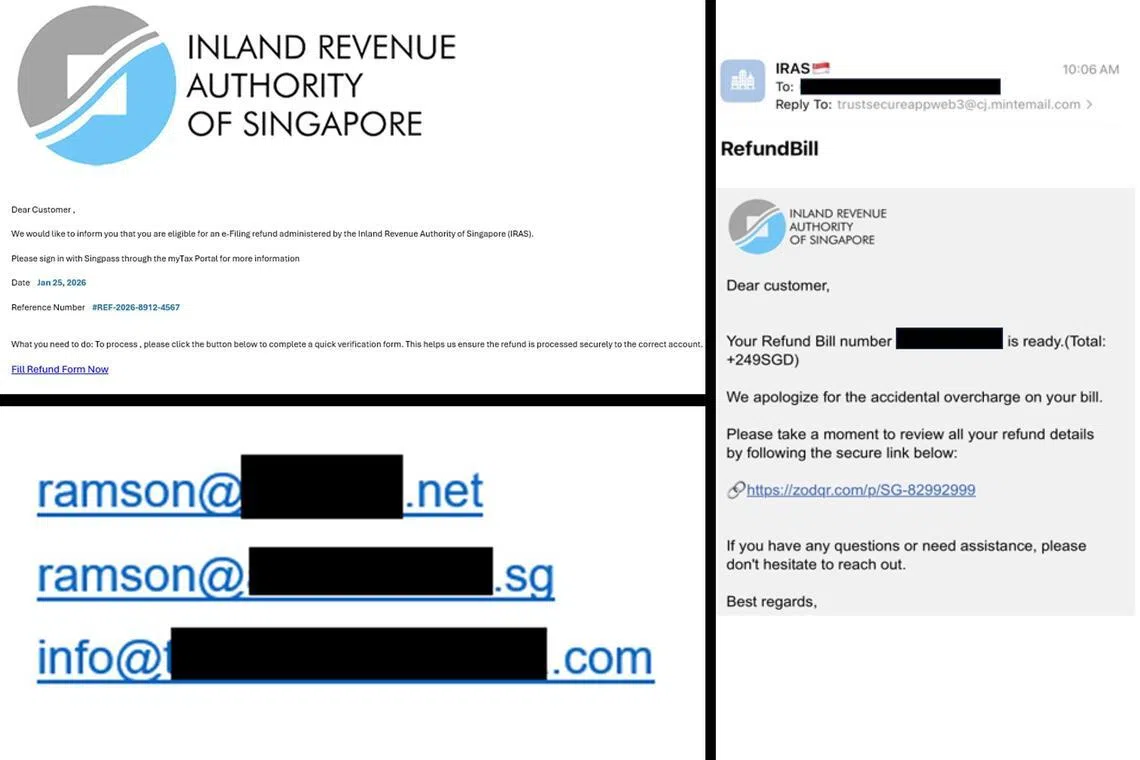 电邮发自伪造的税务局电邮地址，并含有“点击进行退税”等字样，受害者只要点击便会进入可疑链接。（新加坡警察部队提供）