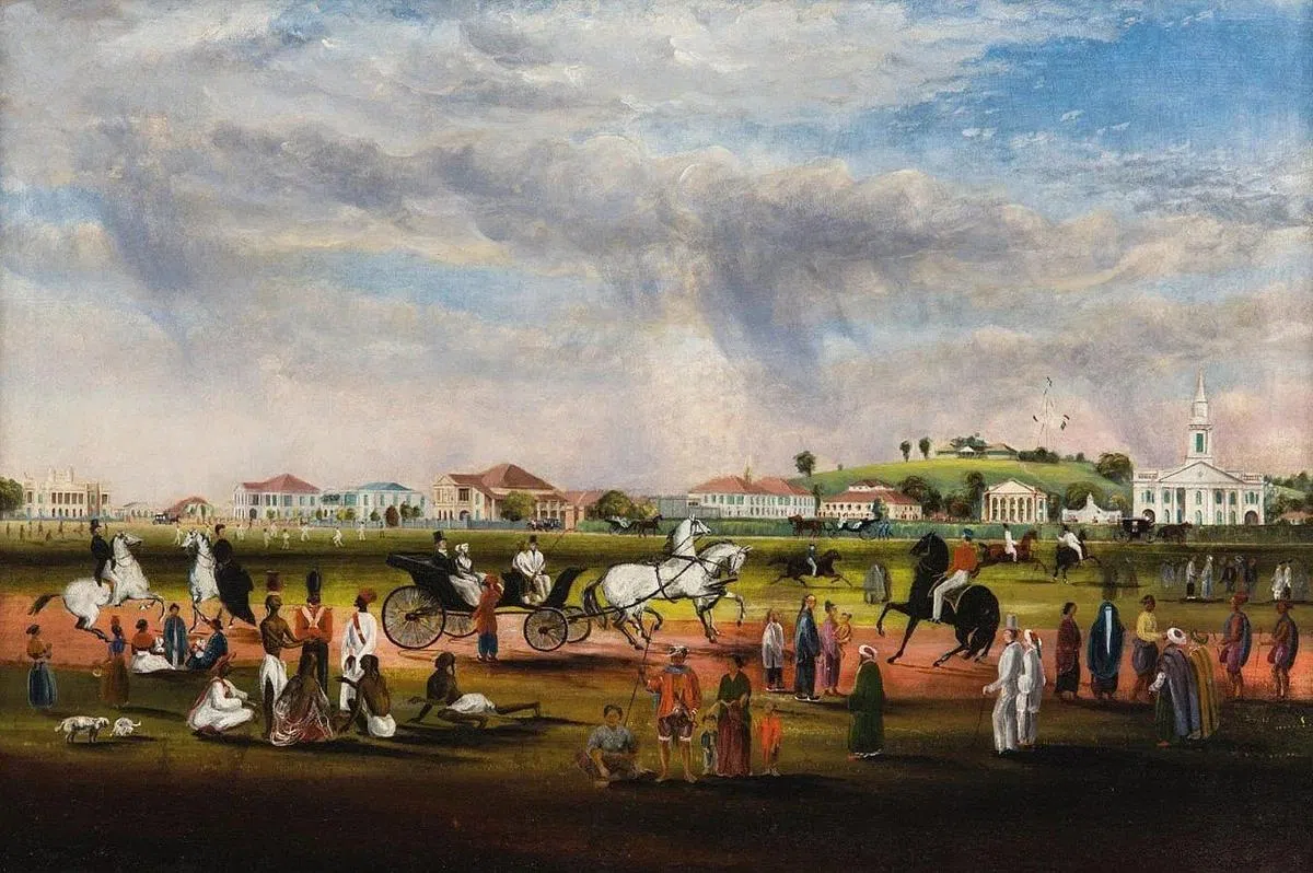 殖民时代工程测绘师约翰·特恩普尔·汤申（John Turnbull Thomson）1851年绘制的油画，描绘大草场早期样貌。（新加坡博物馆脸书）