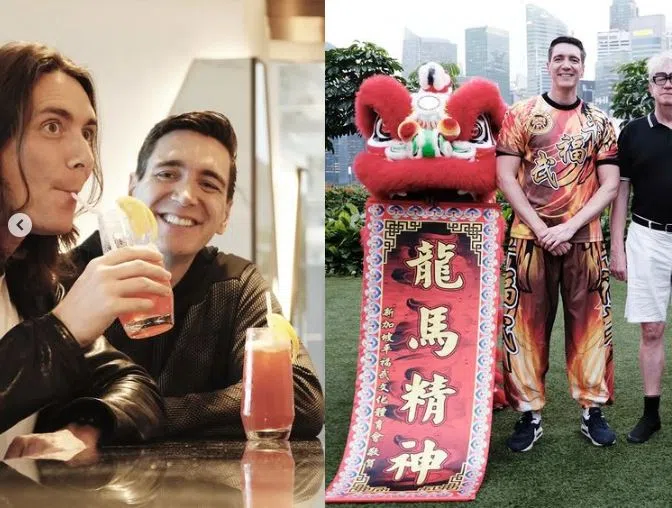 Weasley（韦斯莱）兄弟来新，品尝过本地美食，也体验了舞狮文化。（取自艺人Instagram）