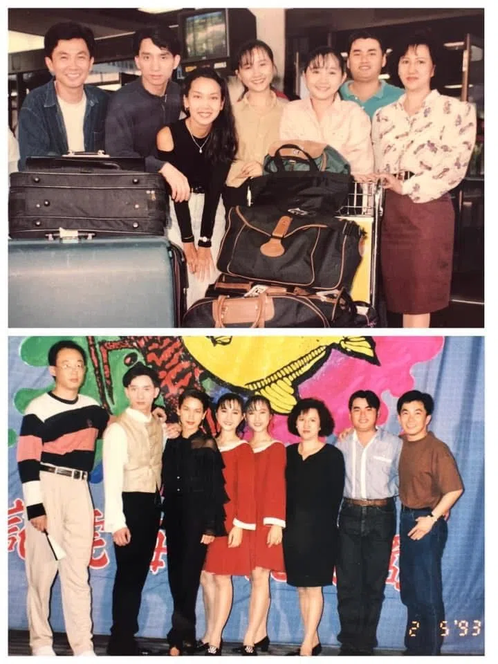 小莫（上图左一）1993年负责钟琴（上图左三）新歌《真心属于你》的马来西亚宣传，也曾为在新马发展的台湾歌手高原（下图左二）和马国组合筷子姐妹（下图两红衣女子）担任宣传。（受访者提供）