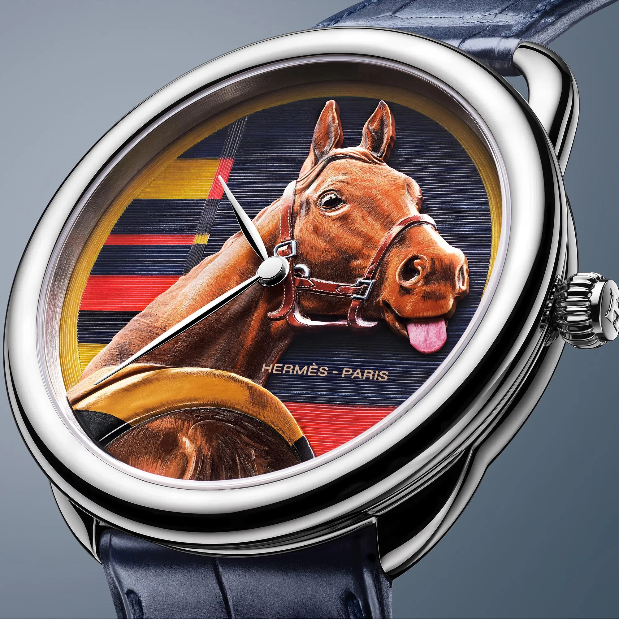爱马仕结合微缩雕刻、微绘与马鬃镶嵌的有趣腕表，按下9点位按把，小马会吐舌卖萌。（GPHG提供）
