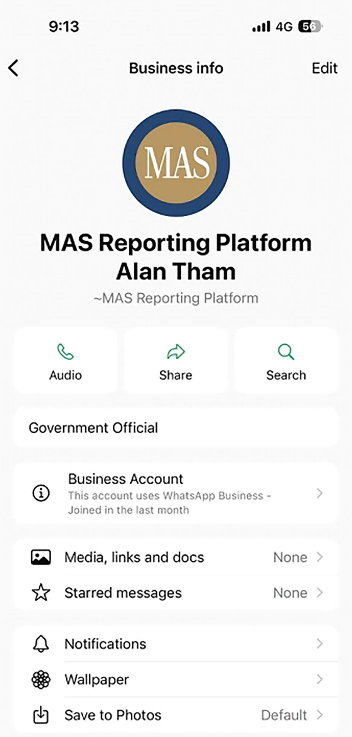 冒充金融管理局的假WhatsApp户头。（新加坡警察部队提供）