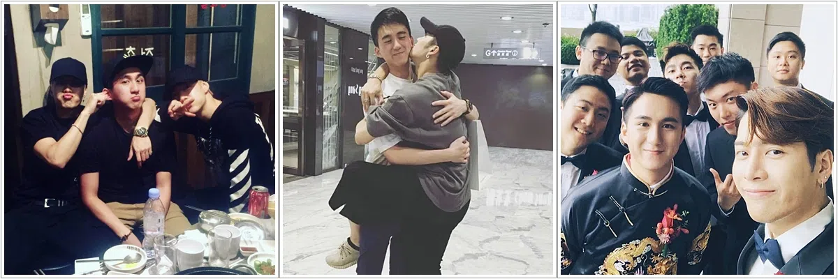 左到右：张权（中）2015年在韩国与王嘉尔（左）聚餐，右为Got7成员Mark；张权（左）2016年返港为王嘉尔的演出捧场；张权（左）2019年结婚，王嘉尔（右）放下工作返港担任伴郎。（取自张权IG）