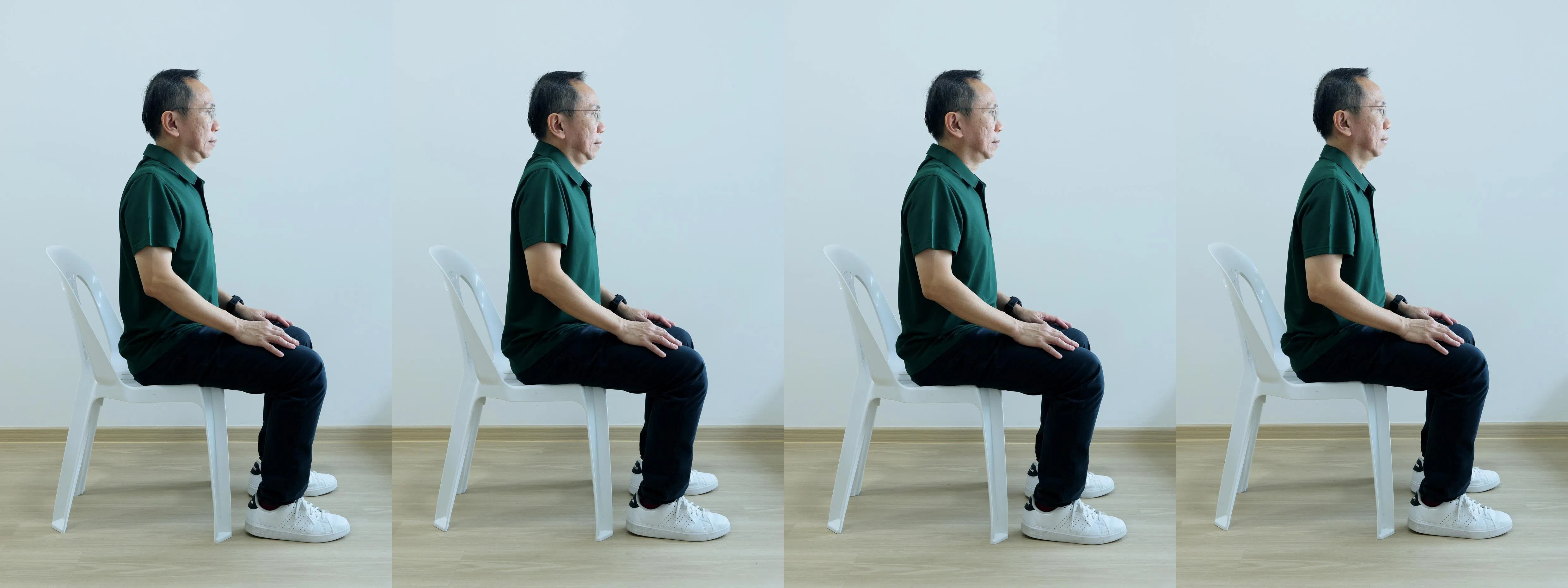 保持坐姿，双手放腿上，随节奏轻柔前后绕肩。（龙国雄摄）