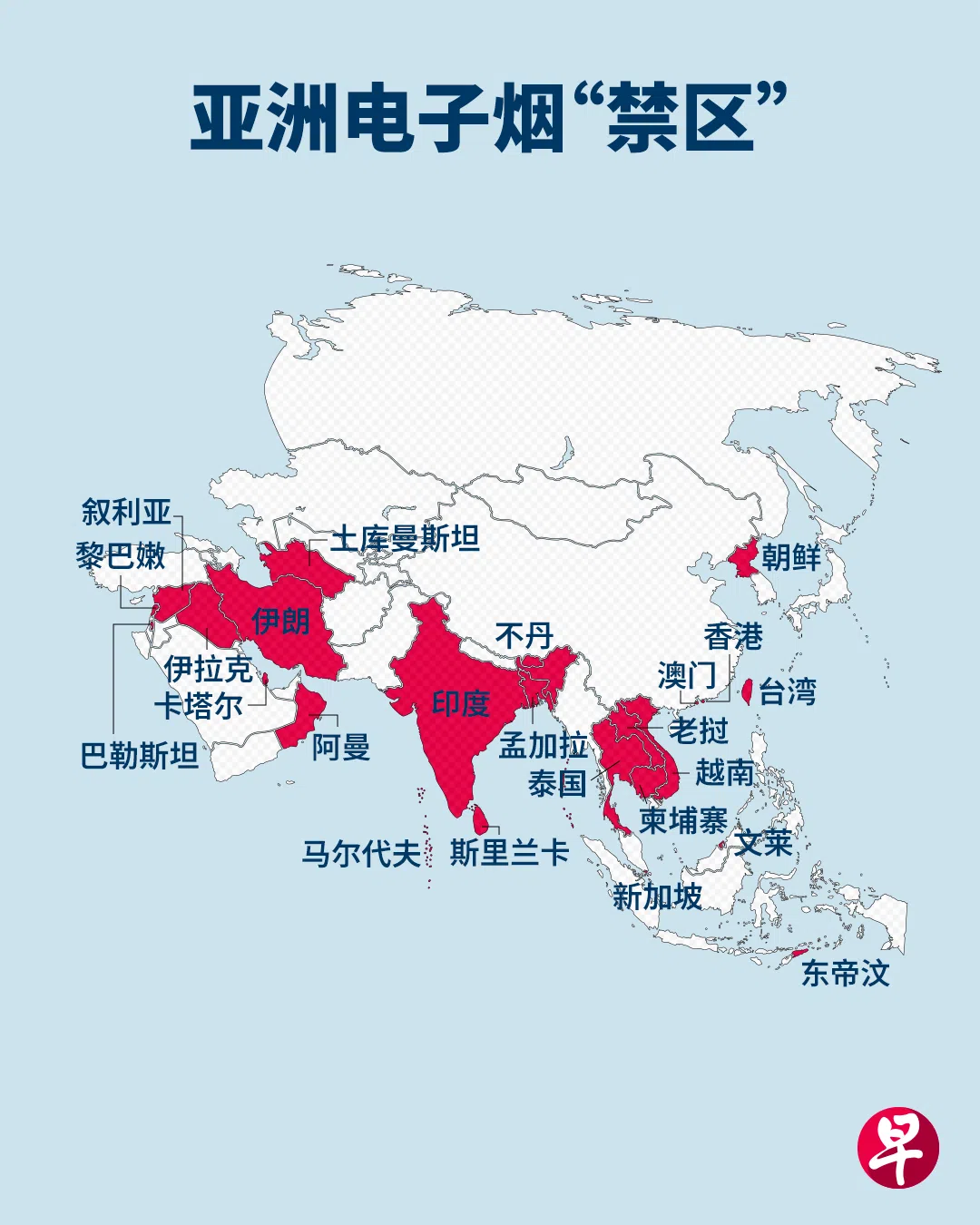 亚洲多个地方全面禁止电子烟。（柯恩惠制图）