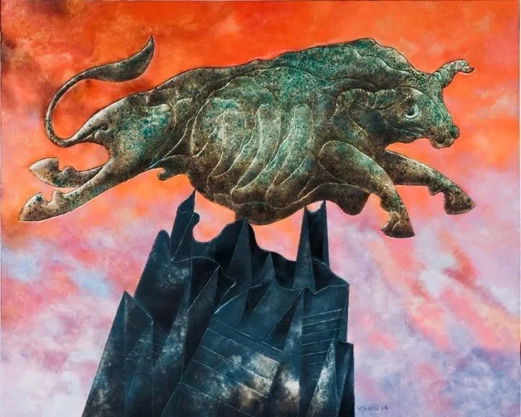 丘瑞福以铝金属浮雕闻名，图为《牛跃》（152x122cm，2014）。（丘艺才提供）