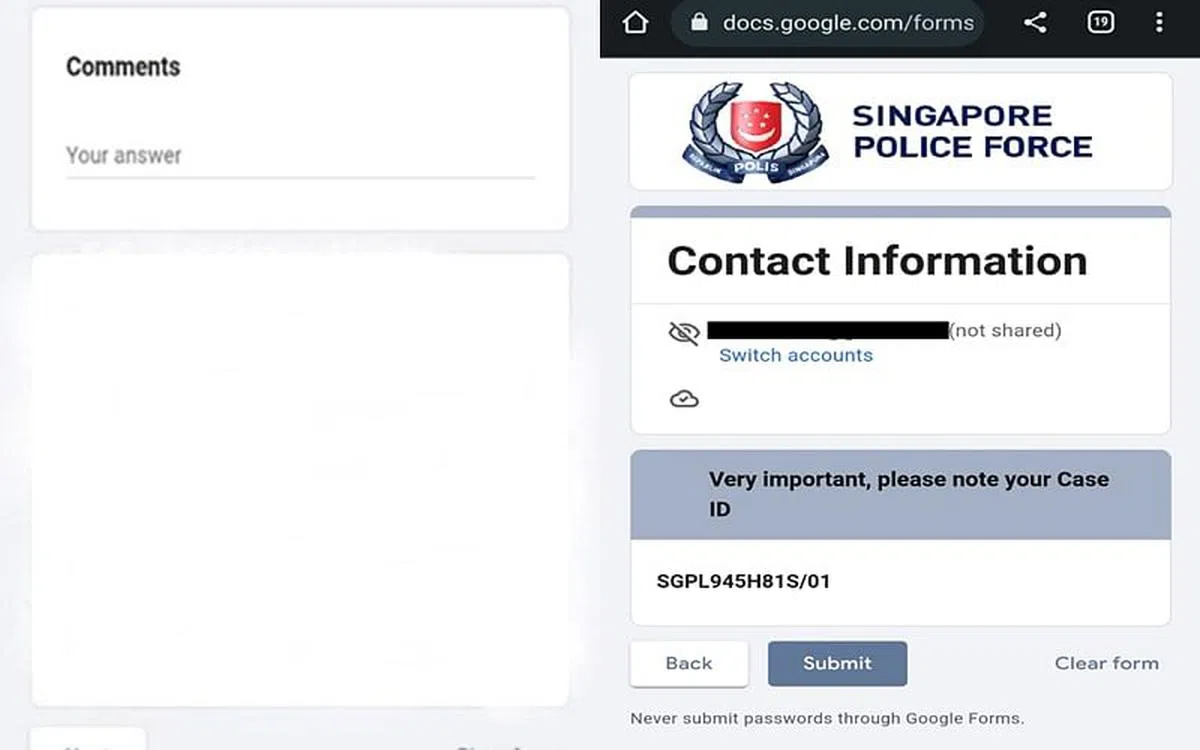 提交表格后还会生成假的报案号码，几可乱真。（新加坡警察部队提供）