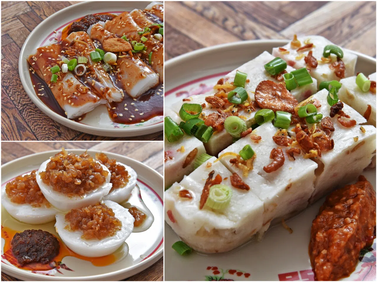 餐馆也提供肠粉（左上角顺时钟起）、芋头糕和水粿等咸食。（餐馆提供）