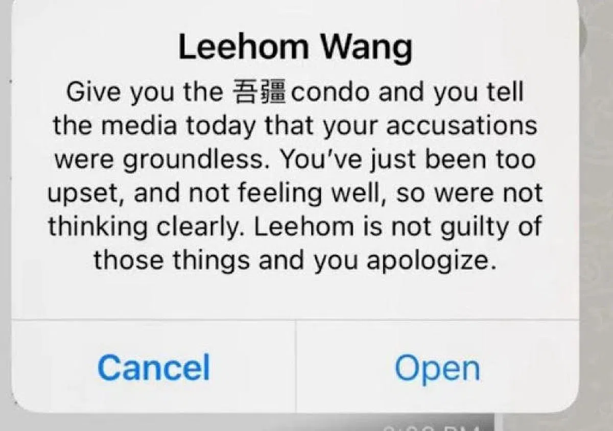 李靓蕾发出Whatsapp截图，指王力宏提出以台北仁爱路上4亿多台币（逾2000万新元）的豪宅“吾疆”封她的口，要她“假装神智不清删文”并道歉。（互联网）