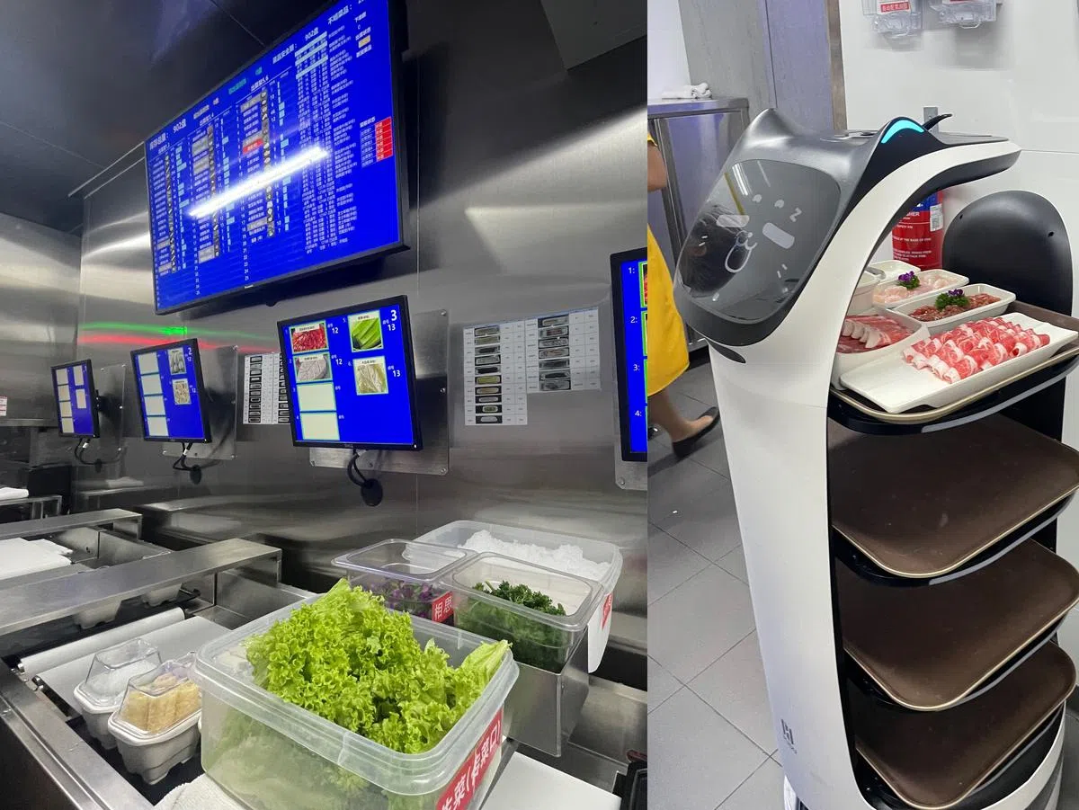 左：智能菜品库低库存时会发出补货通知；右：拥有可爱表情的送餐机器人。