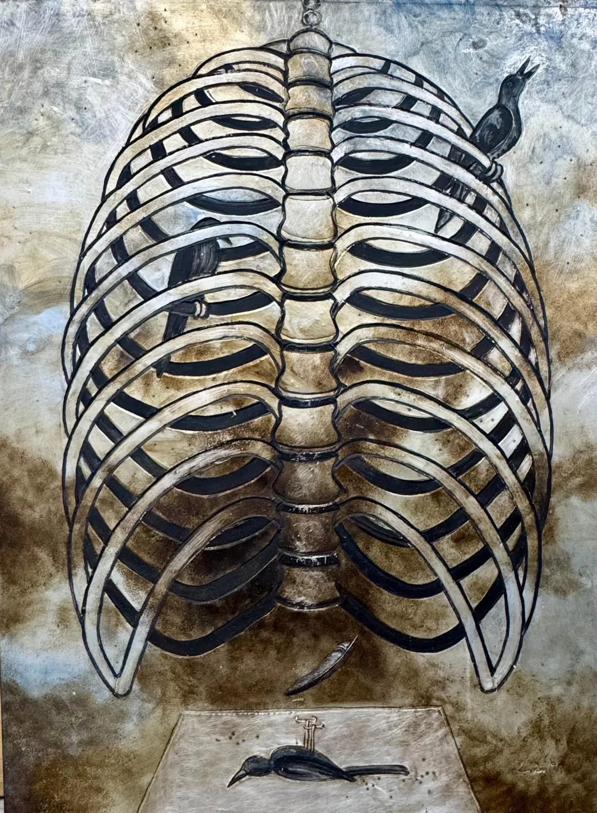 丘瑞福丙烯画《肋骨乌鸦》（61x91cm，日期不详）。（丘艺才提供）