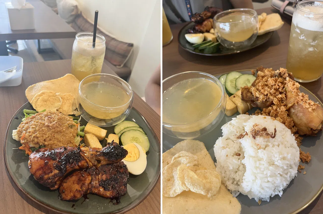 THREE. by Garamika普通份量的ayam bakar（左）和香浓酥脆的ayam goreng。（陈映蓁摄）