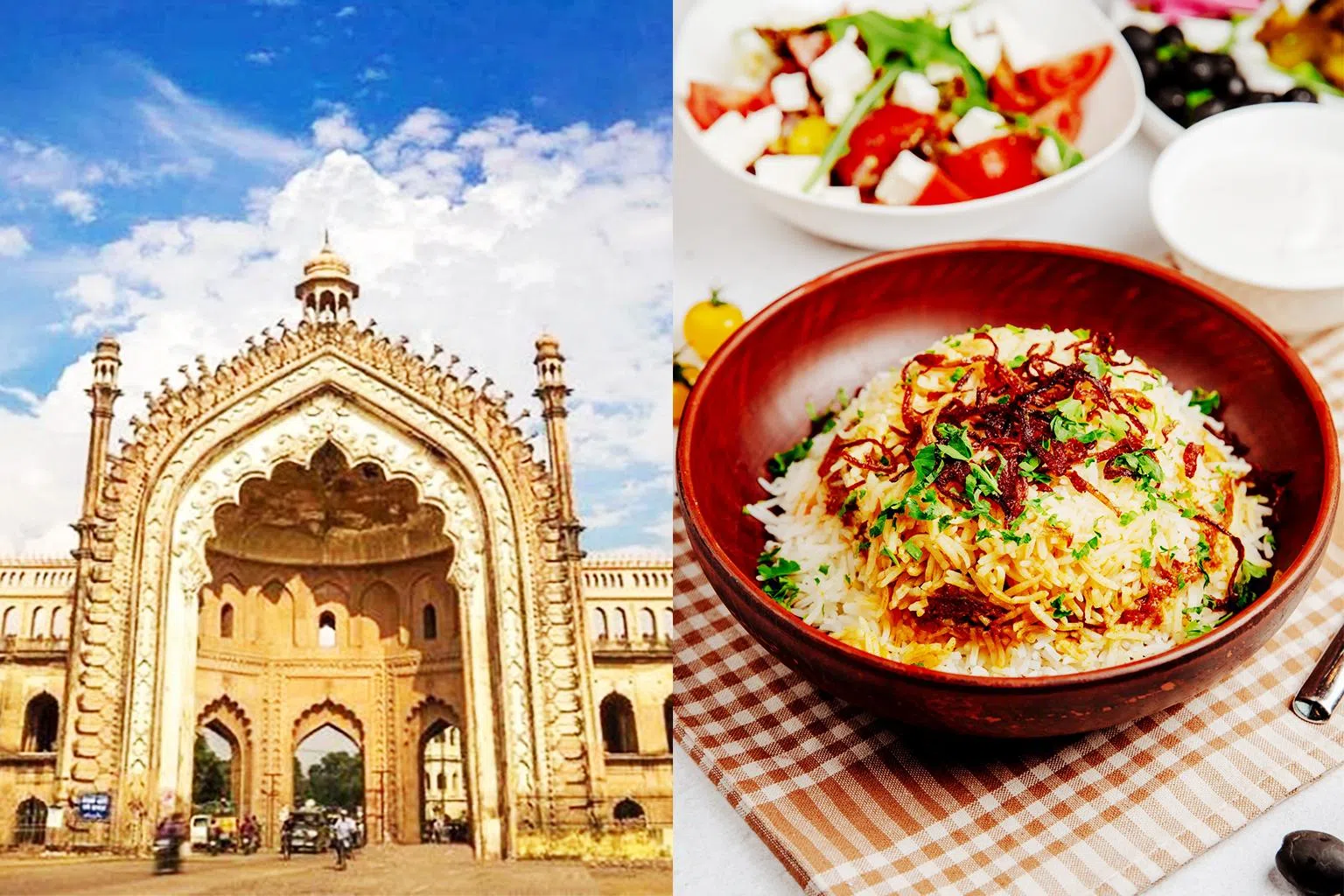 勒克瑙的城门景观与当地的黄姜饭，呈现这座城市的历史与饮食特色。（印度驻新加坡高级专员公署提供）