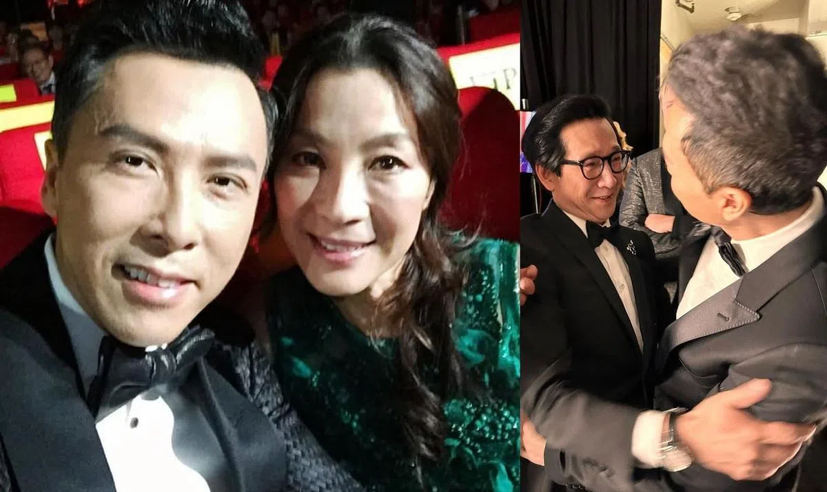 甄子丹为凭《天马行空》获颁奥斯卡的杨紫琼（左图）和关继威（右图）开心。（互联网）