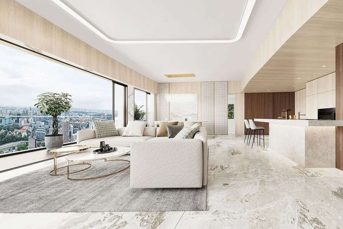 高窗墙壁设计，加大屋内采光，眺望远处，城市动脉都在脚下。（空中别墅单位工业设计美工效果图/凯德地产提供）