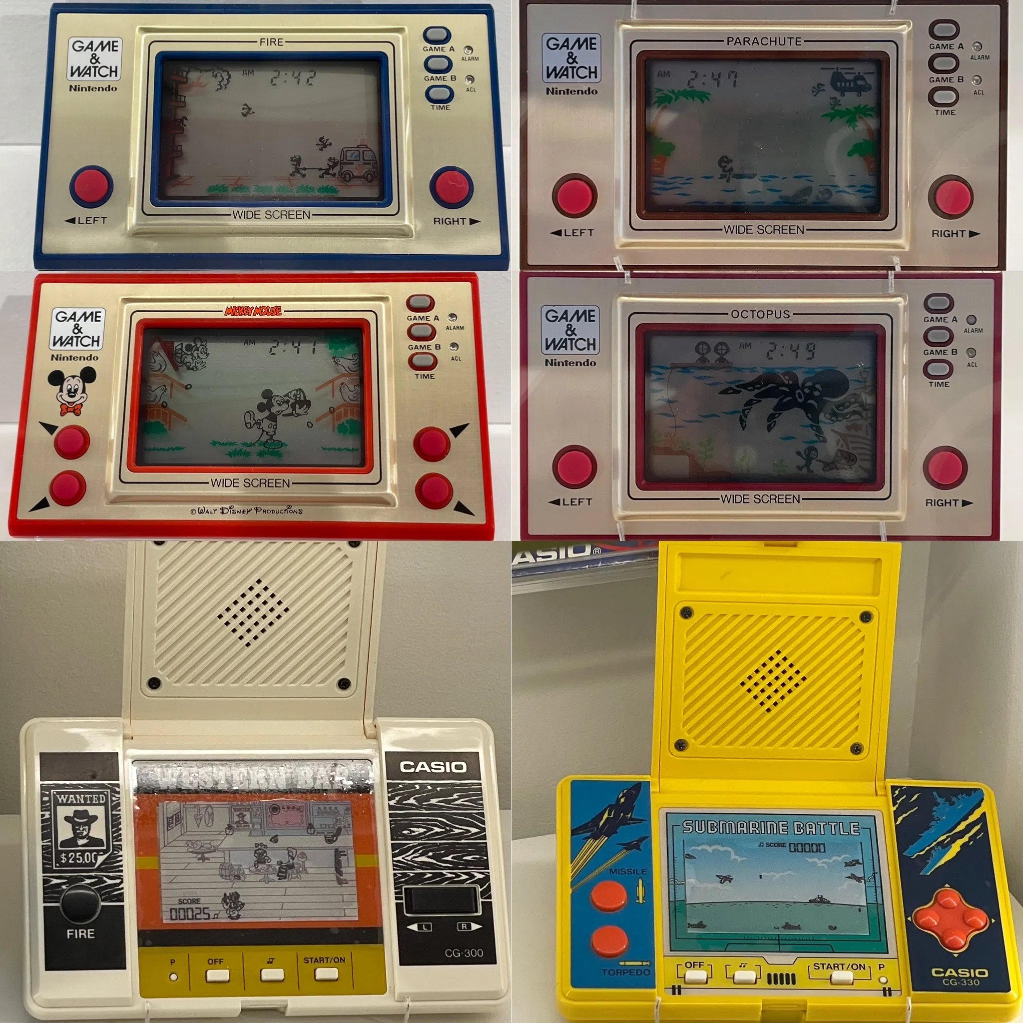 本地藏家苏承健借出任天堂Game & Watch游戏机（上排），以及卡西欧短暂推出的游戏机（下排）供展览。（林方伟摄）