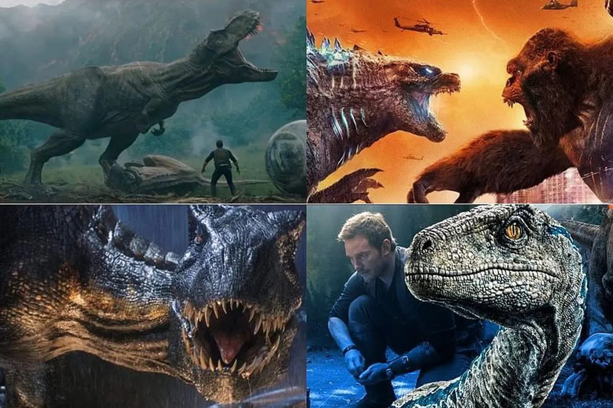 《哥吉拉大战金刚》（Godzilla vs Kong）今年全球大卖（右上，剧照）；《侏罗纪世界：殒落国度》（Jurassic World: Fallen Kingdom）是王健林投资的好莱坞片中盈利最高的。（左，右下，剧照）