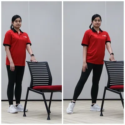 左图：站在椅子后，左手放在椅背，身体放松。右图：右脚尖向外点地，回到原位。（刘欣怡摄）